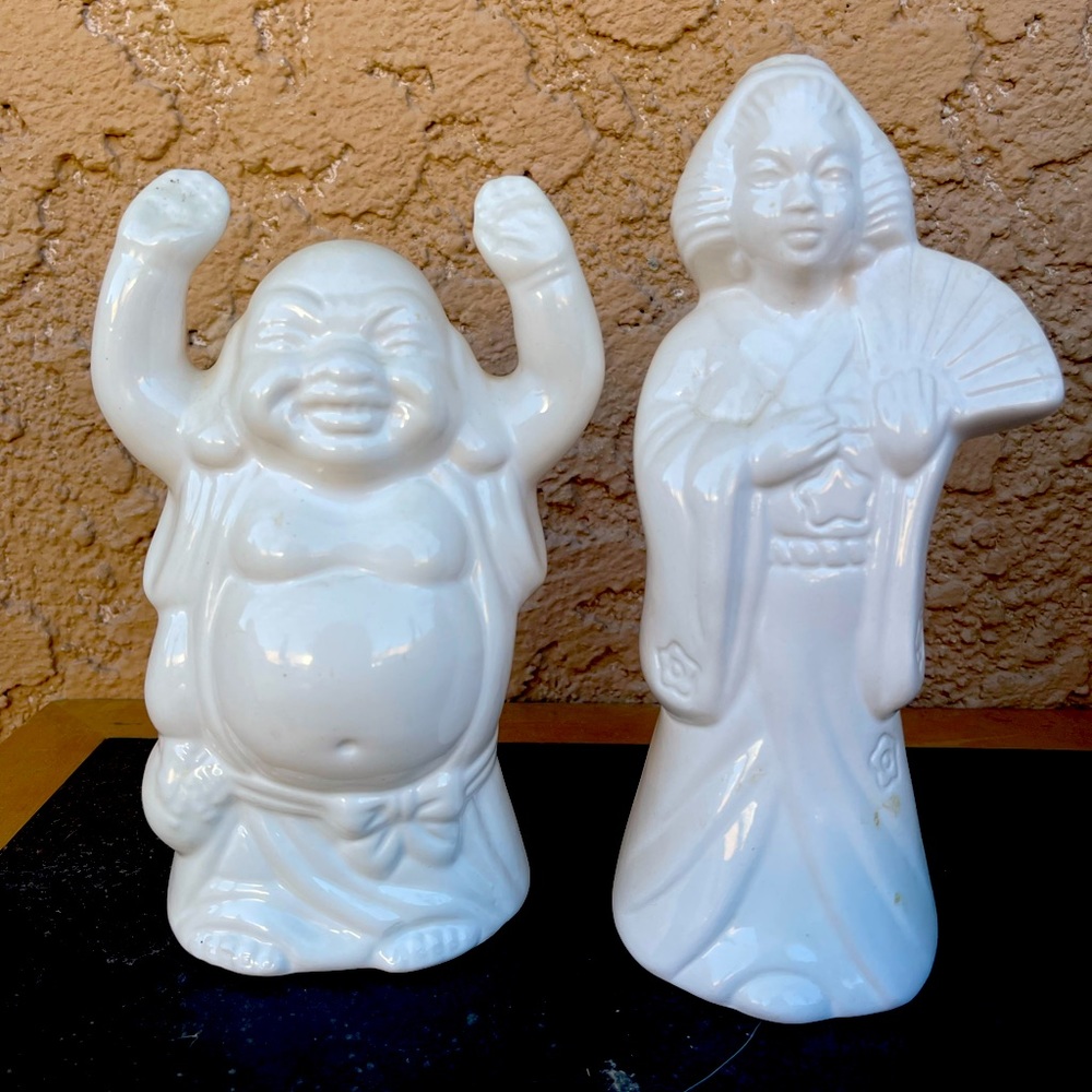 Benihana Porcelain Ceramic Geisha and Hotei Buddha cocktail tiki cups.